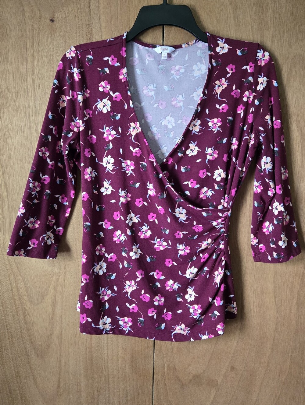 Candie's Burgundy Floral Wrap-Front Blouse